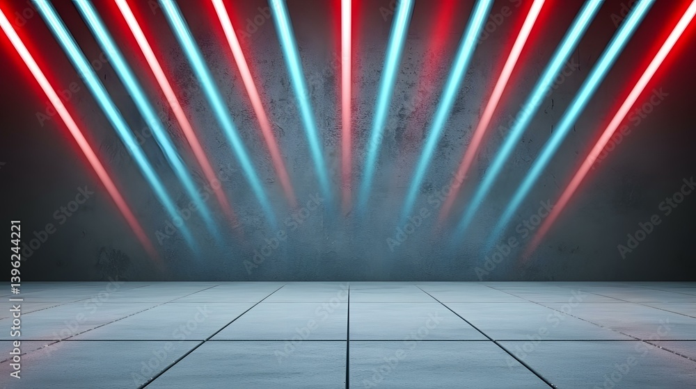 Poster a tiled floor is illuminated by alternating red and blue neon lights emanating from a textured wall.
