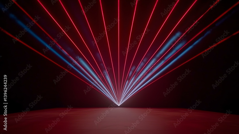 Poster the image contains multiple red and blue laser beams converging at a single point on a dark red floo