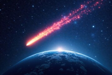 Obraz premium Comet's tail streaks across night sky, Earth visible below, nature, awe, discovery