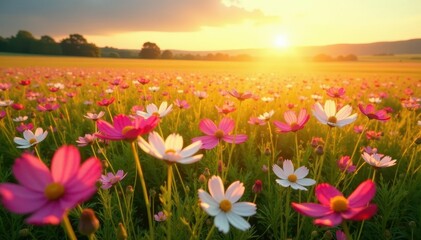 Fototapeta premium Cosmos flowers blanket a vast field, bathed in golden sunlight , autumn, petal