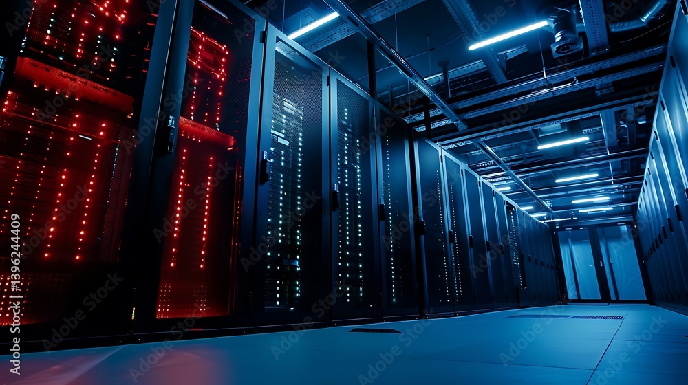 Poster perspective view down a modern data center aisle lined with server racks illuminated by glowing blue