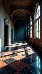 Dark, desolate space; checkered marble floor shows wear, image, space