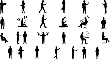 Black user people silhouette icons on white background. Minimalist avatar set for profiles, teams, social media, UI design, and presentations. Flat human figures in various simple poses and styles.