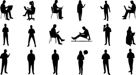 Black user people silhouette icons on white background. Minimalist avatar set for profiles, teams, social media, UI design, and presentations. Flat human figures in various simple poses and styles.
