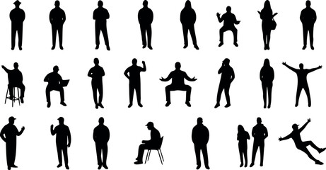 Black user people silhouette icons on white background. Minimalist avatar set for profiles, teams, social media, UI design, and presentations. Flat human figures in various simple poses and styles.