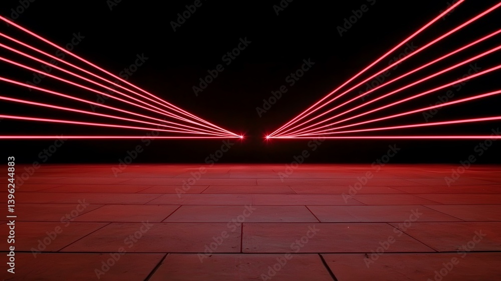 Poster multiple red laser beams converge in the center of the image, illuminating a dark red tiled floor.