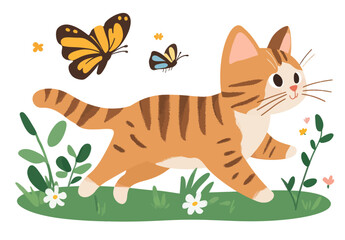 Adorable kitten playfully pursues a butterfly in a stylish contemporary drawing