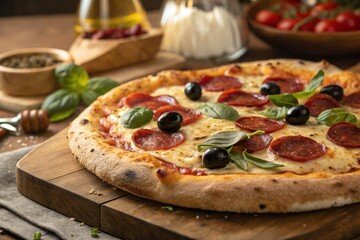 Delicious pepperoni pizza with olives and basil warm lighting rustic wooden board background
