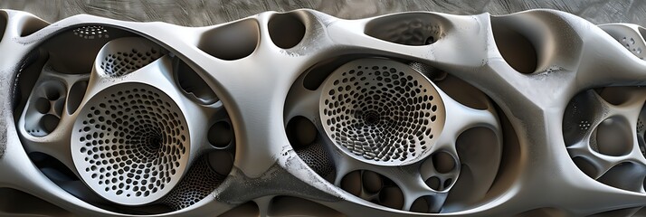 Abstract close-up of a complex, interwoven organic structure in white or grey, featuring porous details and intricate patterns. Futuristic design or material concept.
