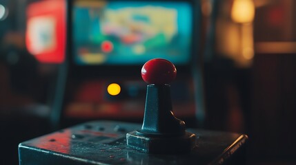 Close-up view of a vintage arcade joystick with a red button, in a dimly lit arcade room with neon lights in the background highlighting retro gaming machines