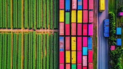 Colorful shipping containers juxtaposed with vibrant green agricultural fields.