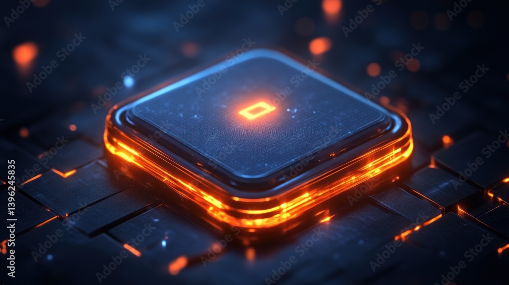 Poster advanced microchip with glowing circuitry futuristic technology in action