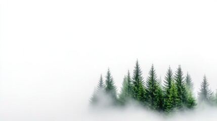 Fototapeta premium Misty forest scene. Coniferous trees emerge from a thick fog