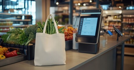 Fototapeta premium A white cotton canvas tote bag filled with fresh vegetables sits on a supermarket counter near a digital self-checkout kiosk, capturing a vibrant shopping scene.
