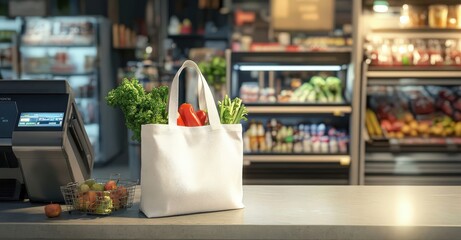 A white cotton canvas tote bag filled with fresh vegetables sits on a supermarket counter near a digital self-checkout kiosk, capturing a vibrant shopping scene.