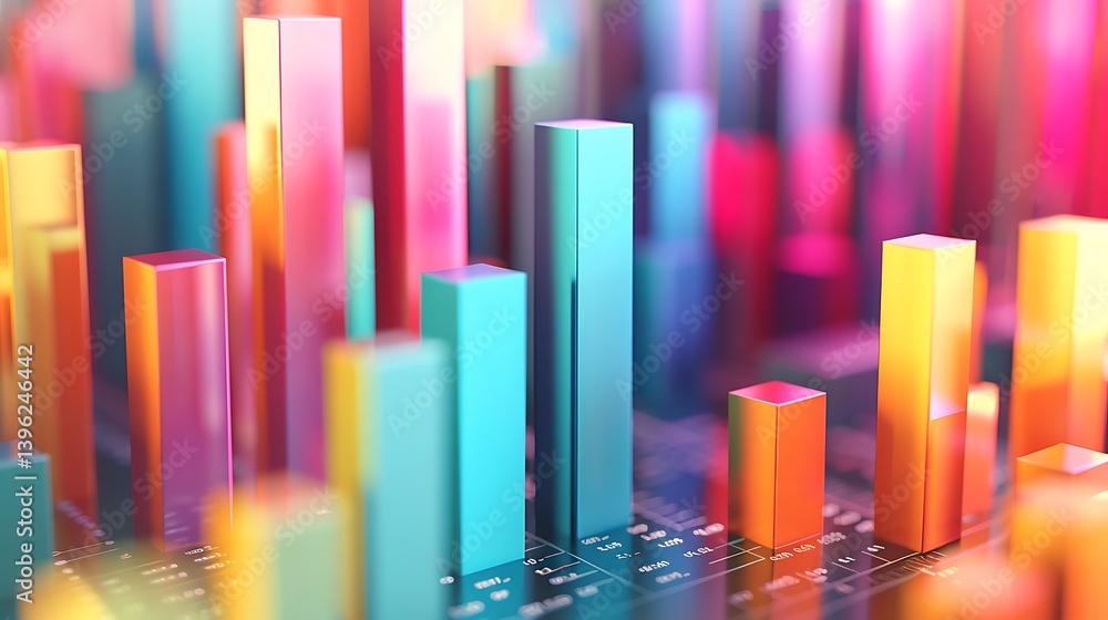 Poster abstract visualization of colorful, vibrant bars rising from a circuit board base. represents data a