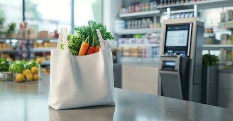 A white cotton canvas tote bag filled with fresh vegetables sits on a supermarket counter near a digital self-checkout kiosk, capturing a vibrant shopping scene.