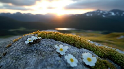 Small white flowers on a rocky outcrop at sunset, with a backdrop of mountains and a lake