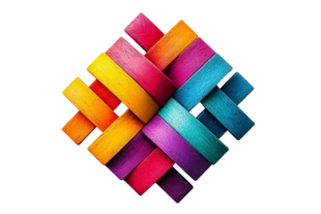 A vibrant woven pattern formed by colorful wooden planks creates a textured diamond shape