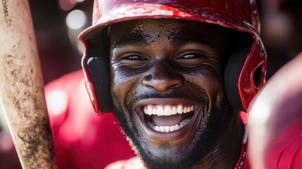 Close-up of an African baseball player celebrating with his team, smiling and cheering while wearing a red helmet and holding a bat, showcasing detailed skin texture and facial features.