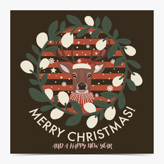 Cute reindeer wearing scarf and Santa Claus hat, surrounded by green Christmas wreath and snowflakes, greeting card, poster, template, label, black background, vector illustration