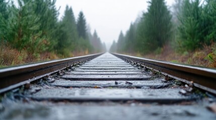 Fototapeta premium Empty railway track leading into a misty forest