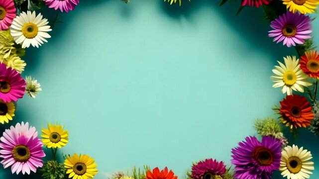 Summer floral frame with colorful flowers on green background. Copy space for text. Valentine's or Mother's Day concept