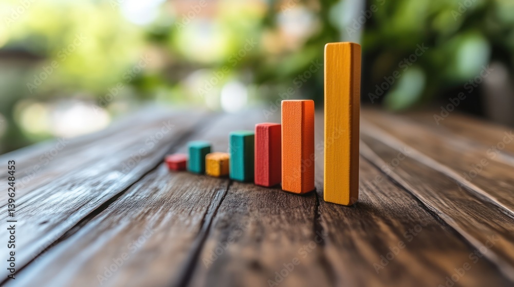 Poster colorful wooden blocks forming a bar graph on rustic table