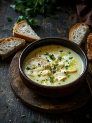 Closeup of a bowl of melted cheese fondue surrounded by bread and vegetables, showcasing a traditional Swiss food concept on a dark wood background.