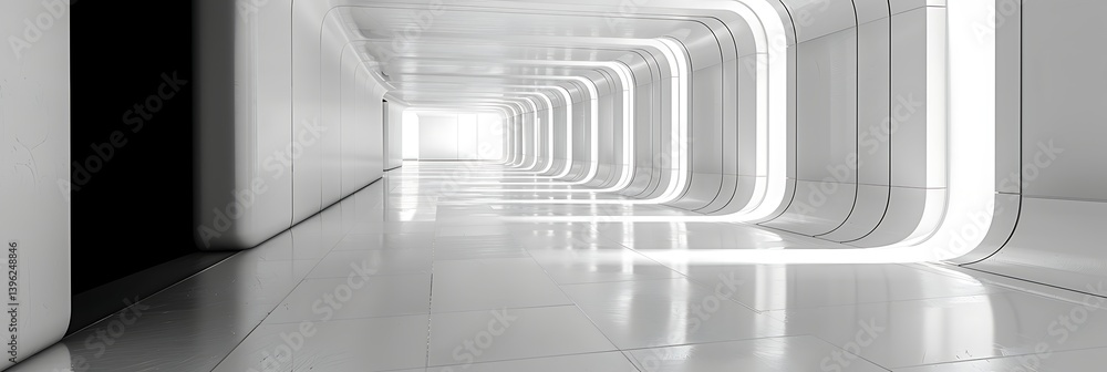 Poster futuristic white corridor or tunnel interior featuring repeating glowing rounded frames and a reflec