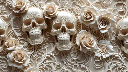 skull and roses: an ornate floral pattern in white