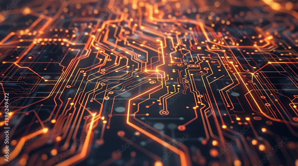 Poster close-up of a futuristic circuit board with intricate glowing orange pathways and connections on a d