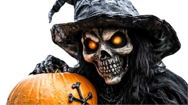 Spooky Halloween Skeleton Witch Holding Pumpkin Glowing Eyes Dark Magic