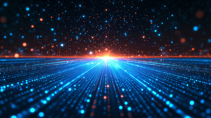 Futuristic blue grid perspective design with glowing lines and digital lighting symbolizes innovation, connectivity, and the limitless potential of modern high technology landscapes.

