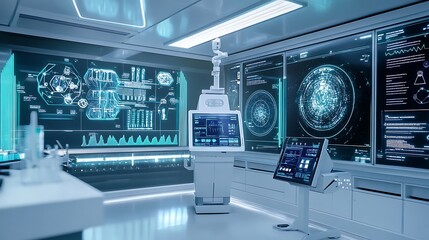 High-Tech Laboratory Environment with Advanced Robotics and Data Visualization