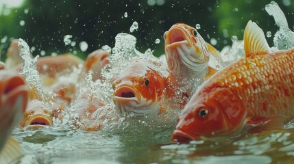 Red tilapia crowding near the pond surface during feeding, water splashes and bubbles, vibrant motion-focused shot