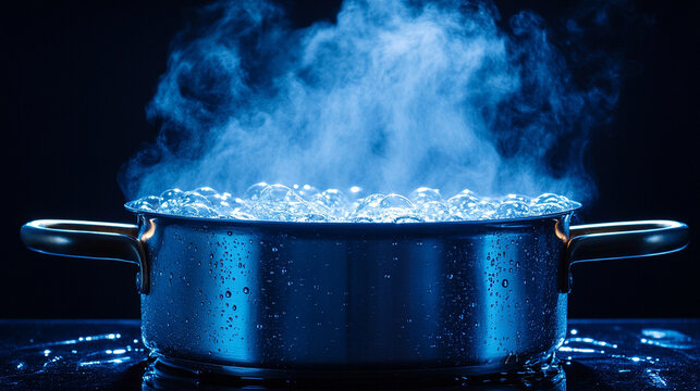 Boiling water with bubbles and steam rising from a pot symbolizes transformation energy and purification representing change intensity and the essential role of heat in modern life.

