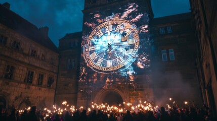 Giant LED countdown timer projected onto historic European clock tower crowd gathering below with sparklers the energy of anticipation in the air