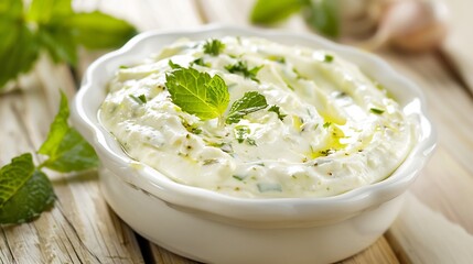 Turkish haydari dip a white ceramic dish creamy yogurt and garlic spread garnished with fresh mint and olive oil