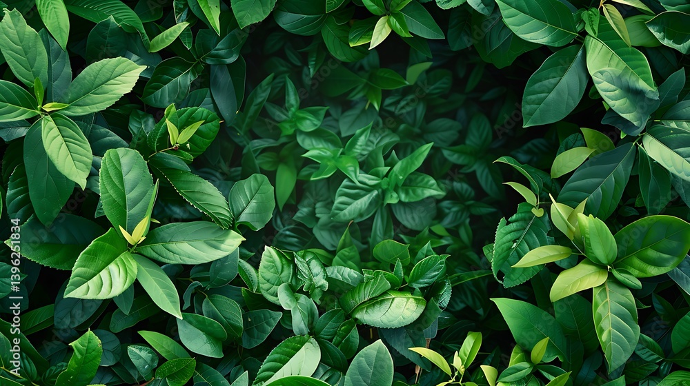 Poster lush green leaves background texture. top view close-up of dense foliage creating a natural pattern,