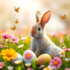 Fototapeta premium Magical Easter Bunny with Colorful Eggs and Butterflies | Springtime Easter nature Art 