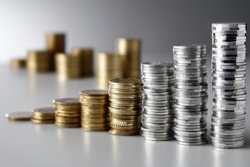 Stacks of Gold and Silver Coins Arranged in Ascending Order