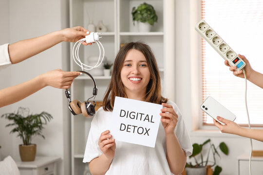 Young woman with text DIGITAL DETOX and hands holding electronics in bedroom. National Day of Unplugging