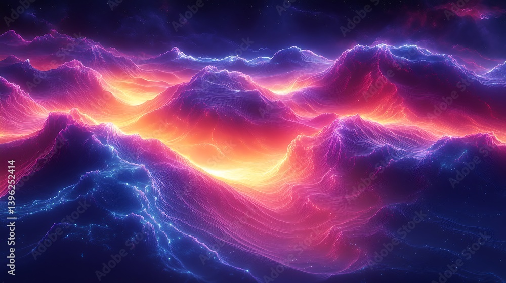 Wall mural vast, shifting dunes made of glowing neon sand, creating intricate patterns as an invisible force sw