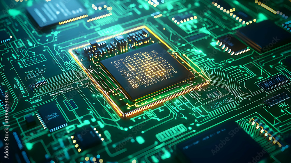 Poster Close Up Of Glowing Circuit Board With Microprocessor