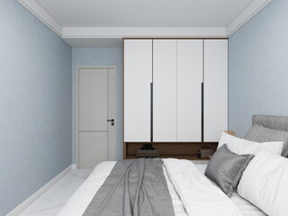 Bedroom with blue walls and light-toned decor. 3D rendering, interior design, 3D illustration