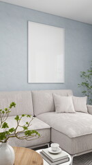 Minimalist living room with a vertical frame on a blue wall and decor. 3D rendering, interior design, 3D illustration