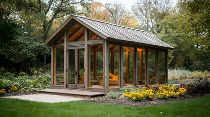 Rustic Wooden Gazebo With Screened Porch In Garden