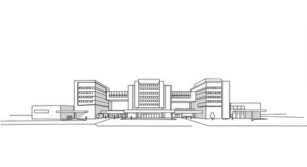 Elegant Minimalist Line Art Depicting a University Hospital Complex Facade