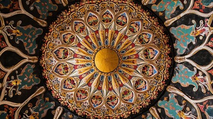 Fototapeta premium Ornate ceiling with intricate patterns and a central sunburst design in vibrant colors and detailed artwork
